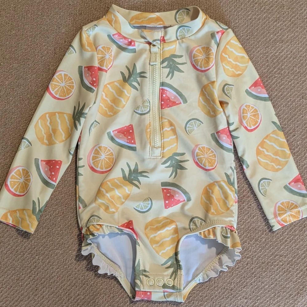 Carter's Baby Girls Yellow Fruit Patterned Long Sleeve One Piece Swimsuit